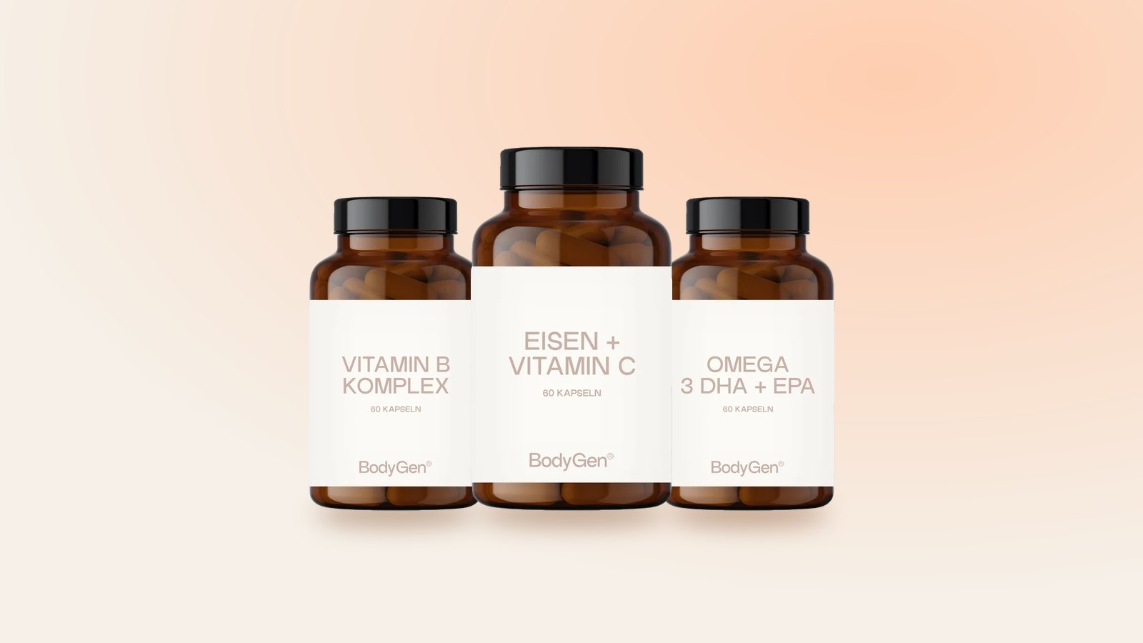 BodyGen Supplements: Vitamin B Komplex, Eisen + Vitamin C und Omega 3