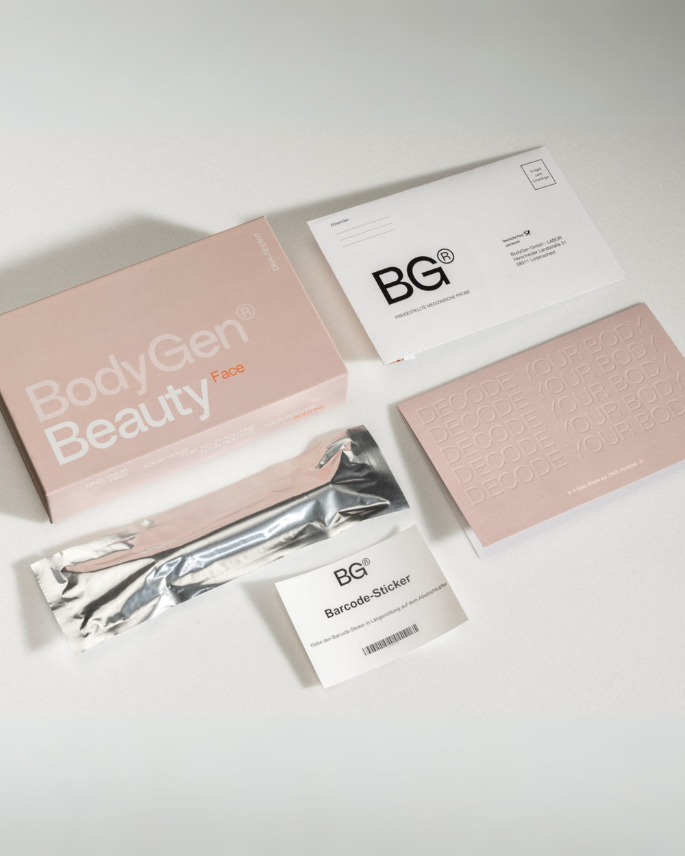 BodyGen Beauty Face DNA Test Kit mit ausgebreitetem Inhalt 