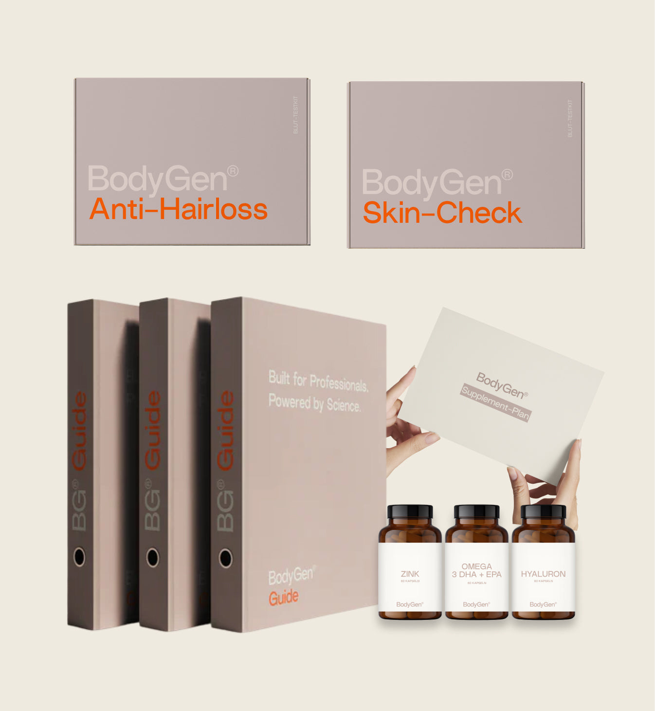 Inhalt des Starterpakets: Testkits, BodyGen Guide und Supplemente